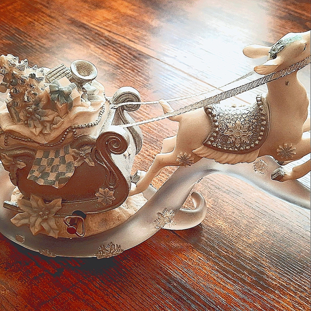 White Reindeer & Sleigh Full of Gifts, Music Box Playing White Christmas